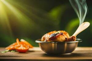 chicken in a metal bowl with a wooden spoon on a wooden table. AI-Generated photo