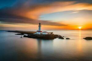 un faro es visto en el puesta de sol. generado por ai foto