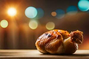 a chicken on a wooden table with blurry lights in the background. AI-Generated photo