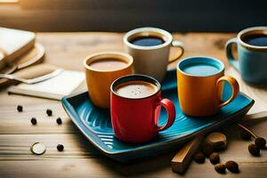 coffee cups on a tray. AI-Generated photo