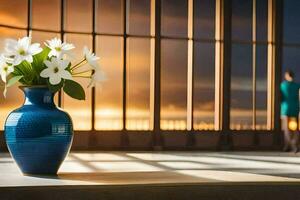 a vase with flowers on a table in front of a window. AI-Generated photo