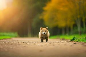 photo wallpaper the road, dog, the forest, the sun, the trees, the forest,. AI-Generated