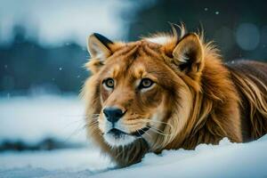 a lion laying in the snow. AI-Generated photo