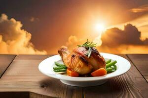 the food is served on a plate with a sunset in the background. AI-Generated photo