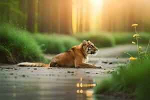 a tiger sitting on the ground in the woods. AI-Generated photo