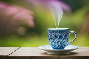 un azul y blanco taza con vapor viniendo fuera de él. generado por ai foto