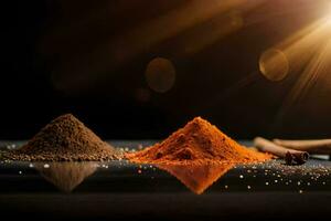 three different types of spices are shown on a black background. AI-Generated photo