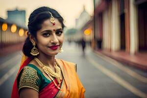 a beautiful woman in a sari and gold jewelry. AI-Generated photo