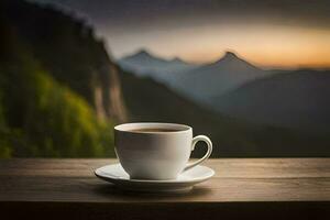 a cup of coffee on a wooden table in front of a mountain view. AI-Generated photo