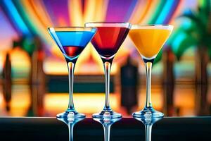 three colorful cocktails on a bar counter. AI-Generated photo