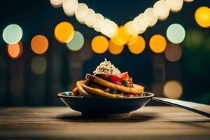 a bowl of food with a fork and knife on a table. AI-Generated photo