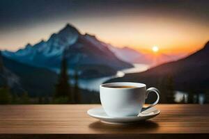 a cup of coffee on a table in front of a mountain view. AI-Generated photo