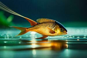 un pescado es flotante en el agua con un largo cola. generado por ai foto