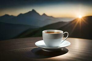 a cup of coffee on a table in front of mountains. AI-Generated photo