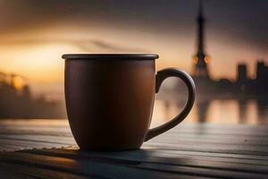 a coffee cup sits on a wooden table in front of the eiffel tower at sunset. AI-Generated photo