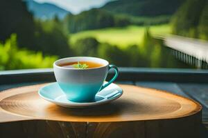 a cup of tea on a wooden tray in front of a mountain view. AI-Generated photo