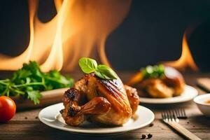 a plate of chicken with vegetables and herbs on a table. AI-Generated photo