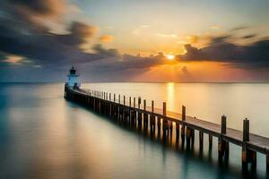 a long exposure photograph of a lighthouse at sunset. AI-Generated photo