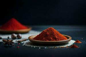red chili powder in a bowl on a dark table. AI-Generated photo