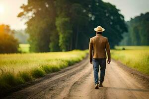 hombre caminando en un suciedad la carretera en el país. generado por ai foto