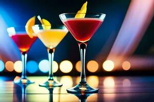 three different colored cocktails on a table. AI-Generated photo