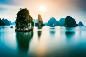 the sun is setting over the water in vietnam. AI-Generated photo