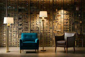 two chairs and a lamp in front of a wall with a brick wall. AI-Generated photo