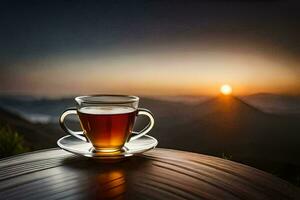 un taza de té en un montaña cima. generado por ai foto