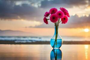 flowers in a vase on the beach. AI-Generated photo