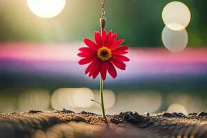 un rojo flor es en pie en un gancho. generado por ai foto