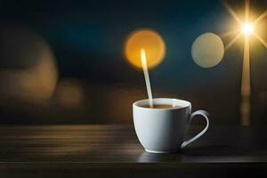 a cup of tea with a lit candle on a table. AI-Generated photo