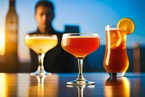 three different types of alcoholic drinks on a bar. AI-Generated photo