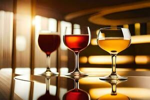 three glasses of wine on a table. AI-Generated photo