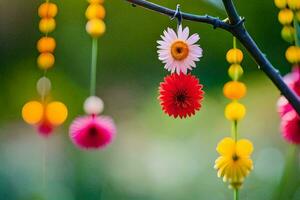 colorful flowers hanging from a branch. AI-Generated photo