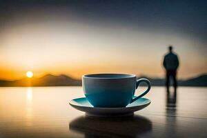 a man stands in the background as a cup of coffee sits on a table. AI-Generated photo