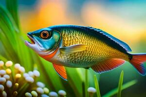 fish in the water with grass and flowers. AI-Generated photo