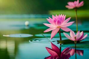 rosado loto flores en el agua con verde hojas. generado por ai foto