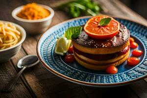 a plate with a stack of pancakes and a tomato slice. AI-Generated photo