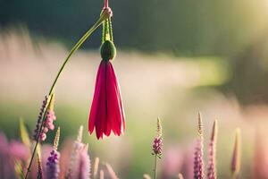 a red flower hanging from a vine in a field. AI-Generated photo