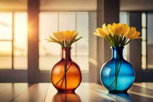 two vases with yellow flowers sitting on a table. AI-Generated photo