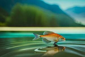 un pescado es nadando en el agua con montañas en el antecedentes. generado por ai foto