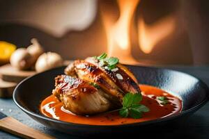 chicken breast with tomato sauce in a black bowl. AI-Generated photo
