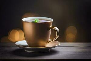 a cup of tea on a wooden table with a bokeh background. AI-Generated photo