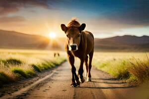 a horse walking down a road at sunset. AI-Generated photo