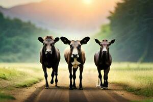 Tres vacas caminando abajo un suciedad la carretera en el medio de un campo. generado por ai foto