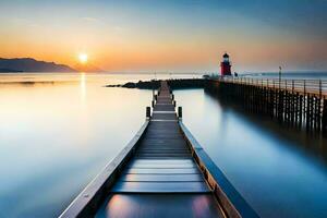 a long pier with a lighthouse at sunset. AI-Generated photo