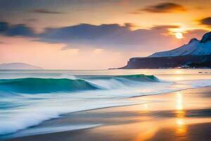 sunset on the beach, waves, mountains, ocean, beach, hd wallpaper. AI-Generated photo