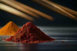 a pile of red and orange powder on a table. AI-Generated photo