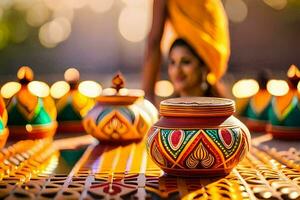 a woman in a yellow turban is holding a pot. AI-Generated photo