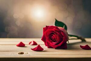 a single red rose on a wooden table with petals scattered around it. AI-Generated photo